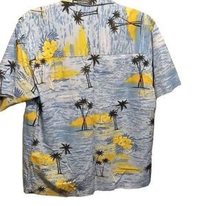 Joe Marlin Hawaiian Style Button Front Shirt Blue With Sailboats & Palm Trees Me